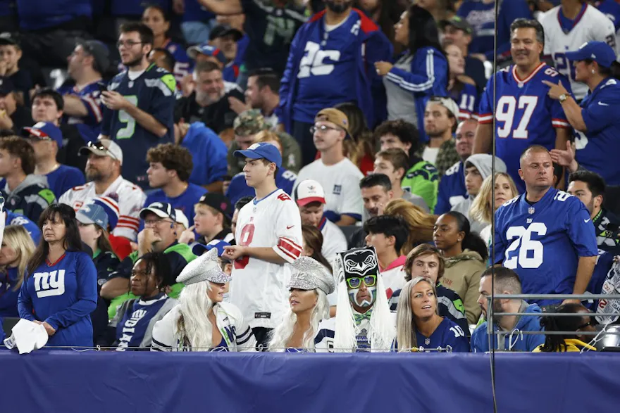 New York Giants and Seattle Seahawks fans look on from the stands during the first quarter at MetLife Stadium.