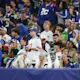 New York Giants and Seattle Seahawks fans look on from the stands during the first quarter at MetLife Stadium.