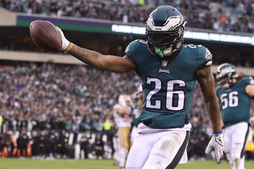 Miles Sanders of the Philadelphia Eagles scores a 13-yard touchdown against the San Francisco 49ers during the second quarter in the NFC Championship Game.