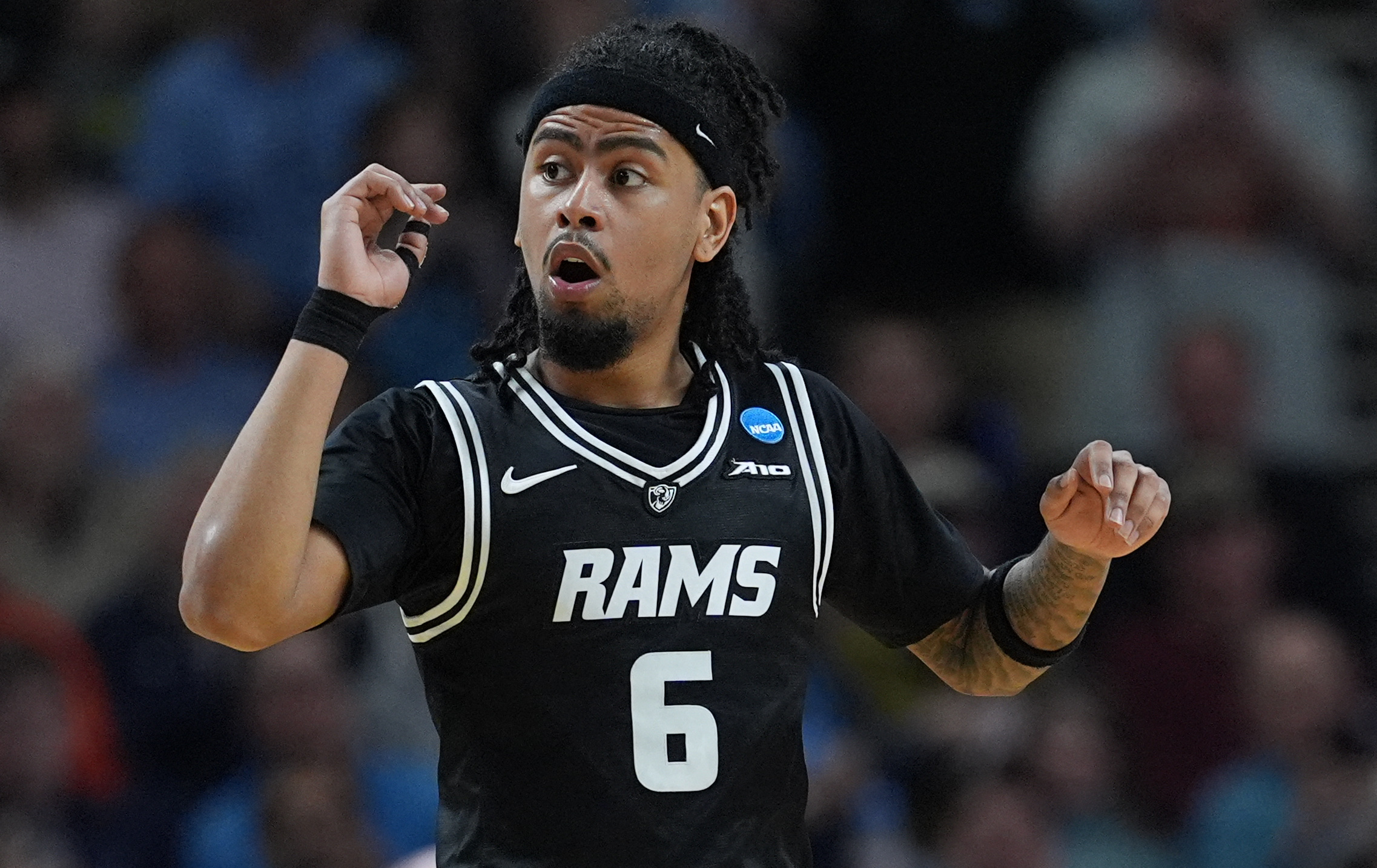 VCU Rams guard Terrence Hill Jr. (6) reacts as we break down our VCU vs. Illinois prediction & parlay today.