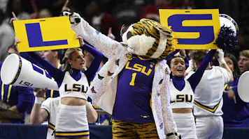 The LSU Lady Tigers mascot points to the crowd against the South Carolina Gamecocks in the fourth quarter during the championship game of the SEC Women's Basketball Tournament as we look at the March Louisiana sports betting report.