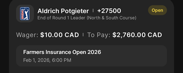 A screenshot of a bet slip for Aldrich Potgeiter to be the first-round leader of the Farmers Insurance Open.