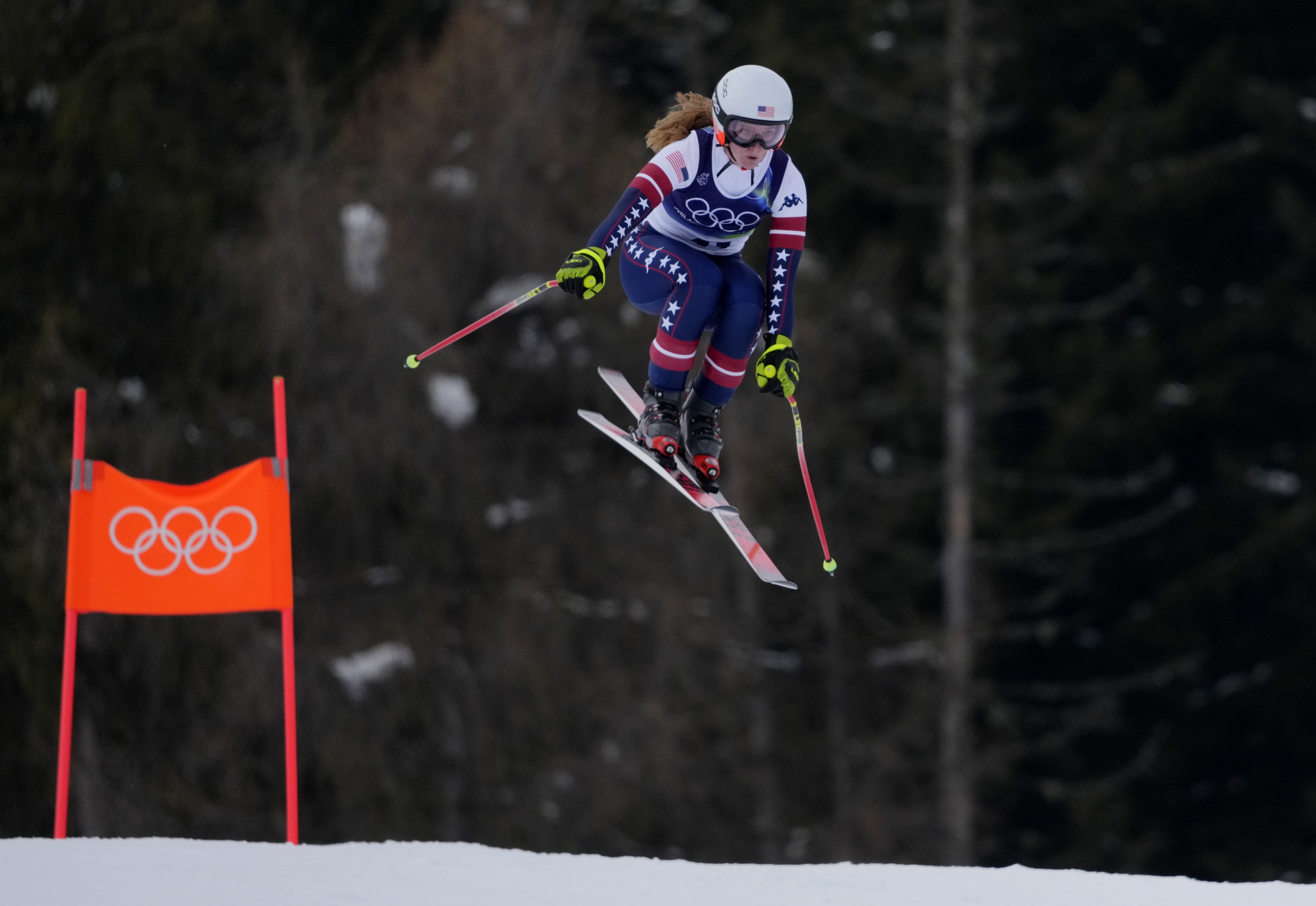 Mary Bocock of the United States in women's downhill training during the Milano Cortina 2026 Olympic Winter Games at Tofane Alpine Skiing Centre.