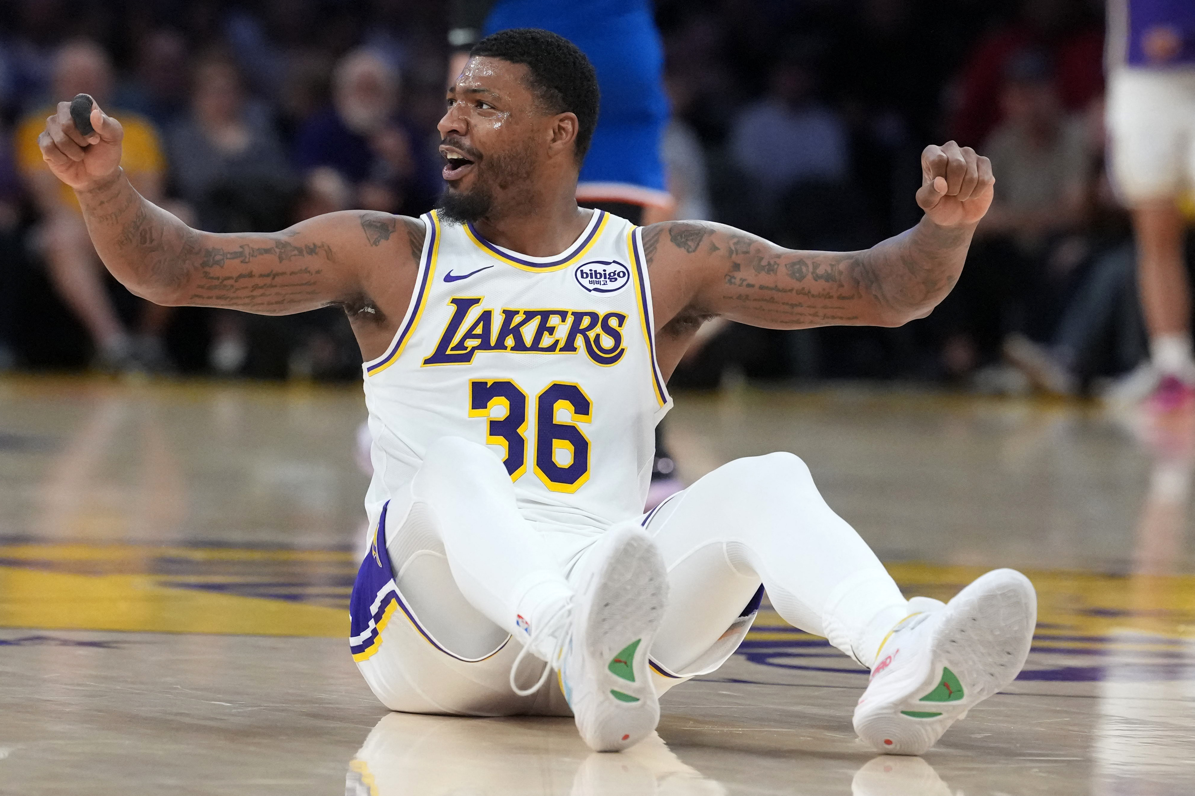 Los Angeles Lakers guard Marcus Smart reacts as we make our best Nuggets vs. Lakers player props. 