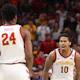 Keshon Gilbert #10 of the Iowa State Cyclones celebrates with Hason Ward #24 as we make our Illinois vs. Iowa State expert picks and predictions for the Sweet 16 of the NCAA Tournament on Thursday.