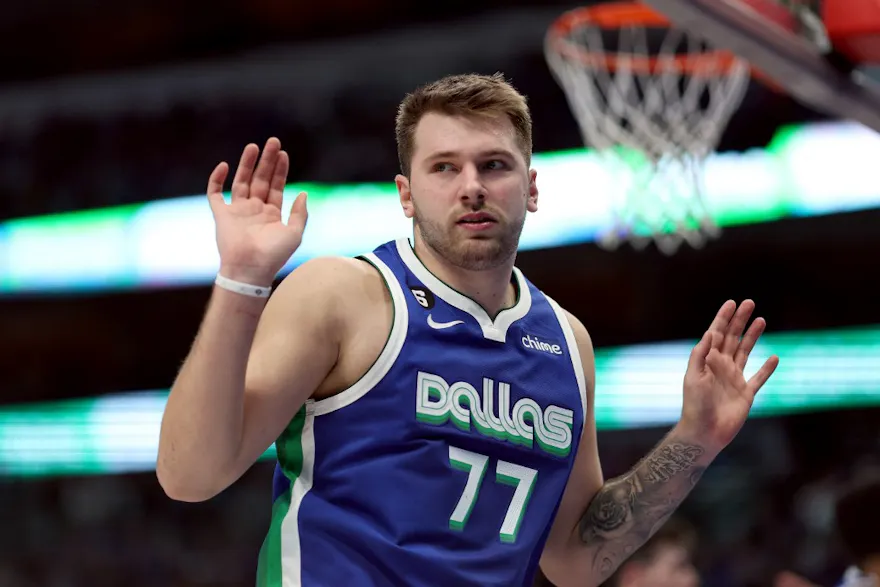 Luka Doncic of the Dallas Mavericks reacts after scoring against the Portland Trail Blazers, and we offer new U.S. bettors our exclusive bet365 bonus code.