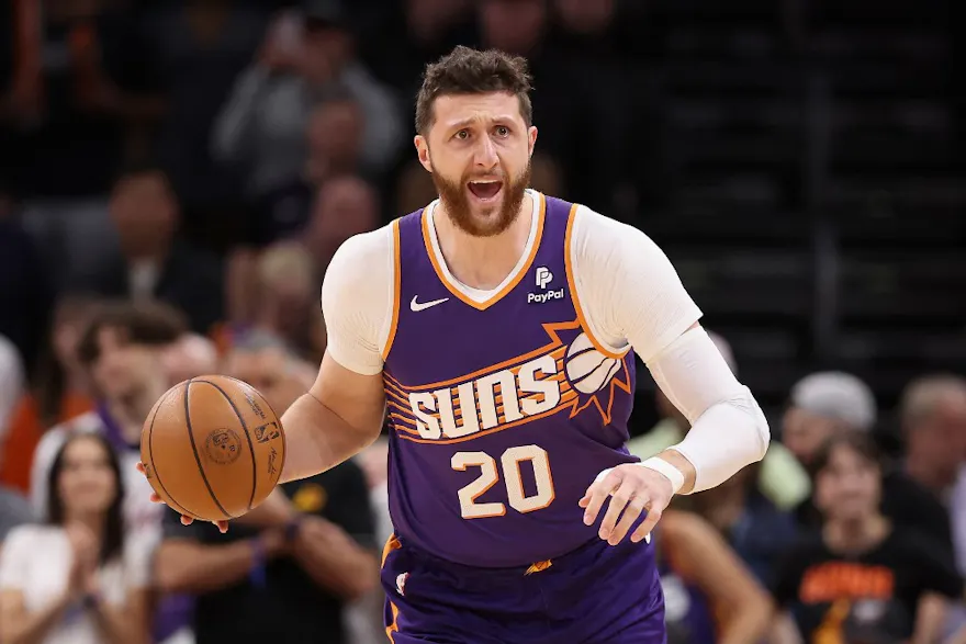 Jusuf Nurkic #20 of the Phoenix Suns handles the ball as we look at our NBA best bets and player props for Thursday