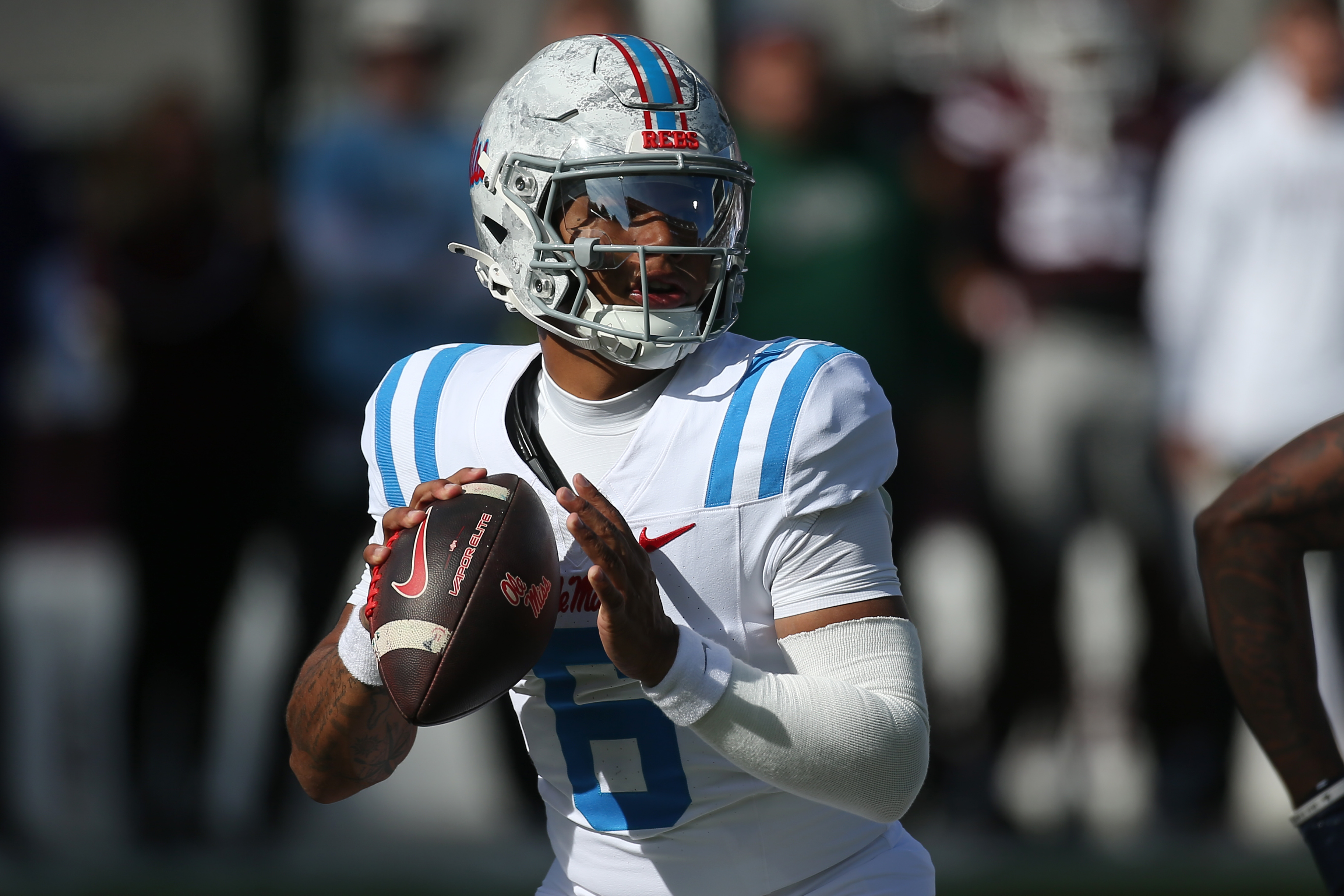 Mississippi Rebels quarterback Trinidad Chambliss (6), seen here looking to pass, is featured in our Ole Miss vs. Georgia player props for the 2026 Sugar Bowl.