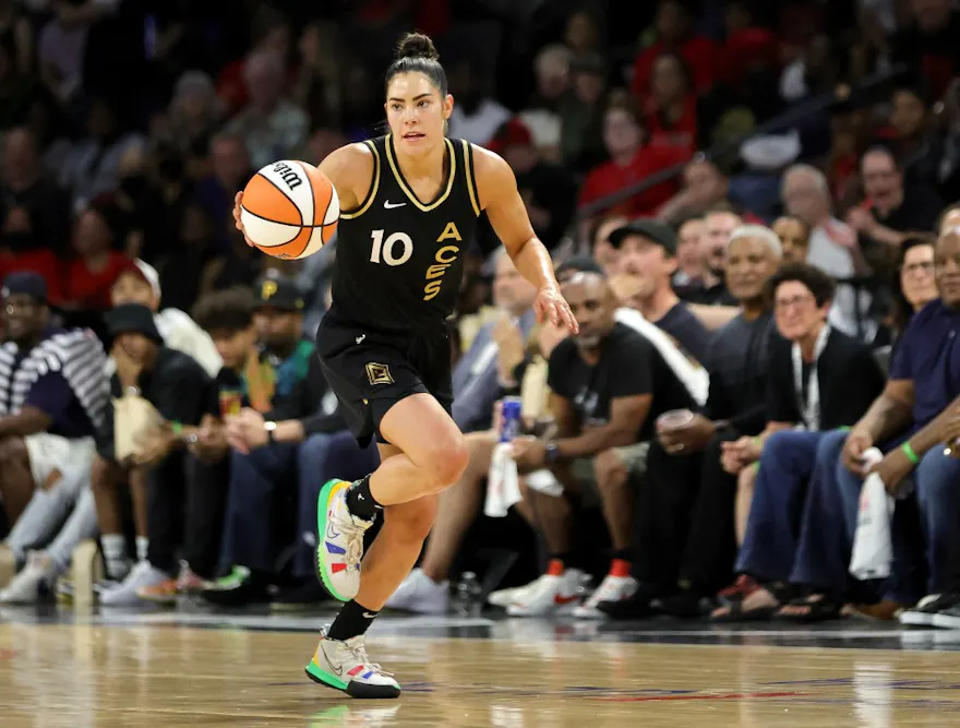 Kelsey Plum of the Las Vegas Aces brings the ball up the court against the Connecticut Sun in the third quarter of Game 2 of the 2022 WNBA Playoffs finals.