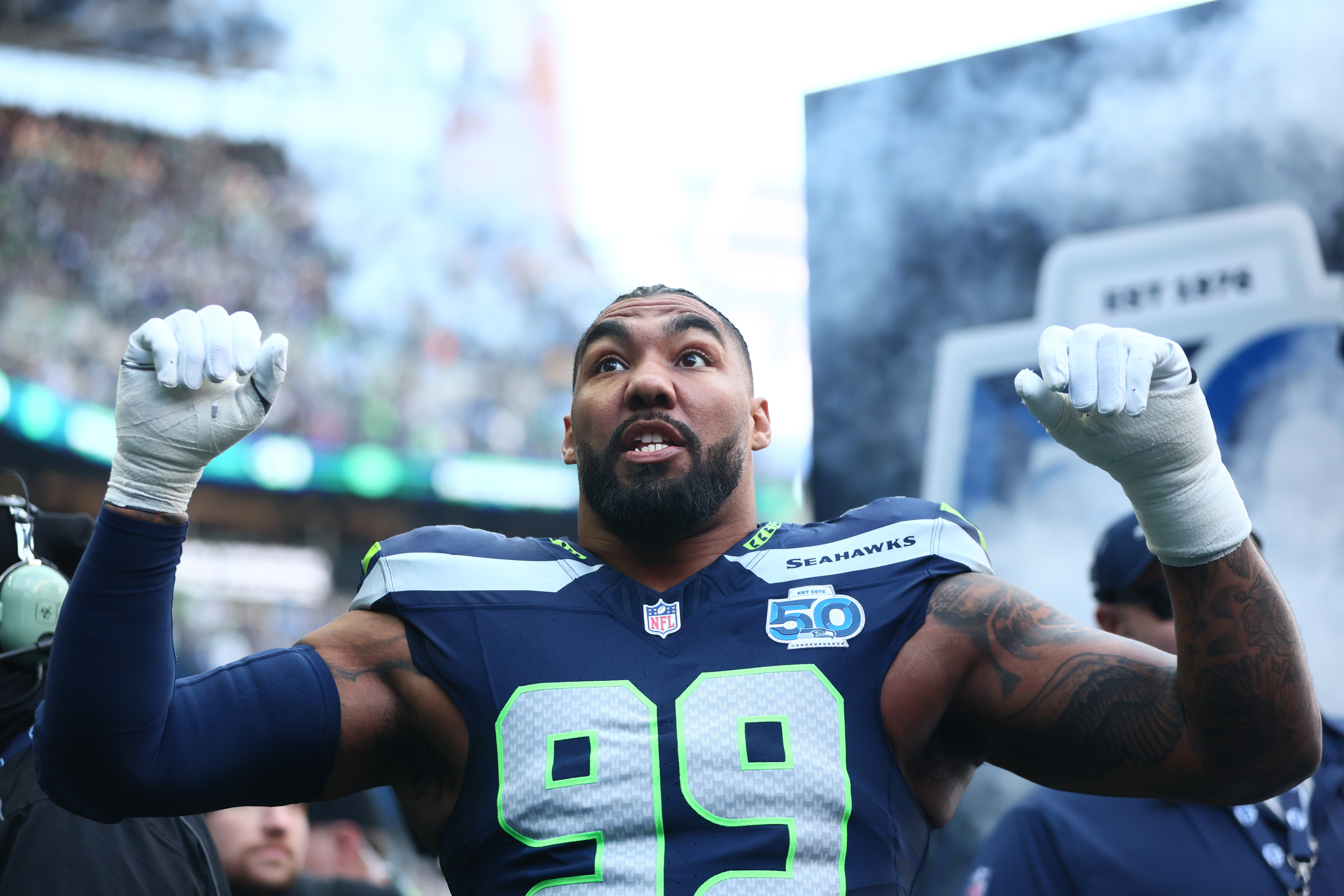 Seattle Seahawks defensive end Leonard Williams (99) enters the field as we break down the Rams vs. Seahawks stats for the 2026 NFC Championship Game.