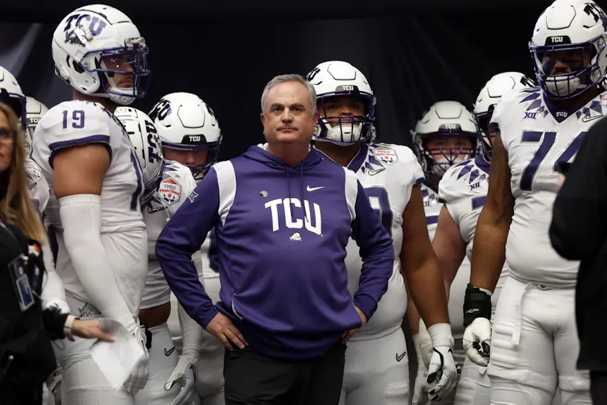 Head coach Sonny Dykes of the TCU Horned Frogs waits to take the field before the Fiesta Bowl against the Michigan Wolverines. 