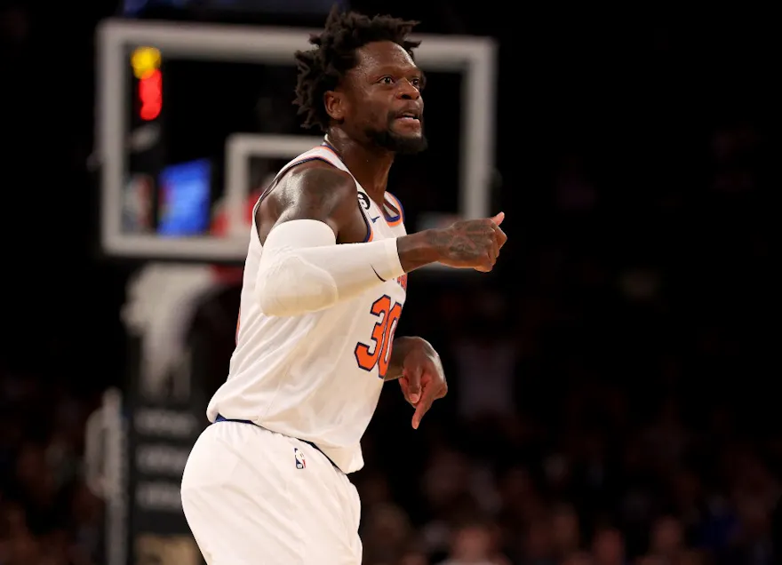 Julius Randle of the New York Knicks reacts after his 3-point shot in the third quarter against the Cleveland Cavaliers at Madison Square Garden on January 24, 2023 in New York City.