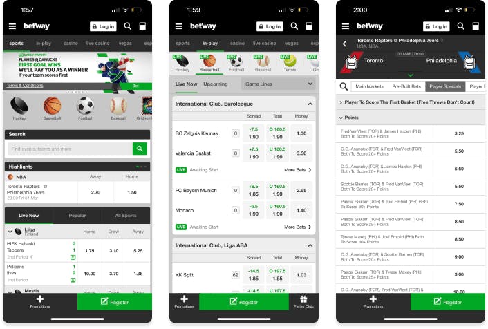 Screenshot of Betway Sportsbook mobile app for iOS devices.