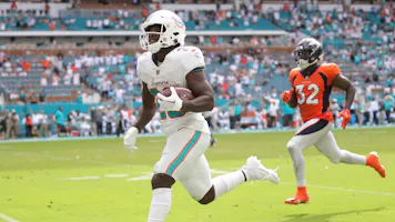 De'Von Achane #28 of the Miami Dolphins features in our NFL offensive rookie of the year odds
