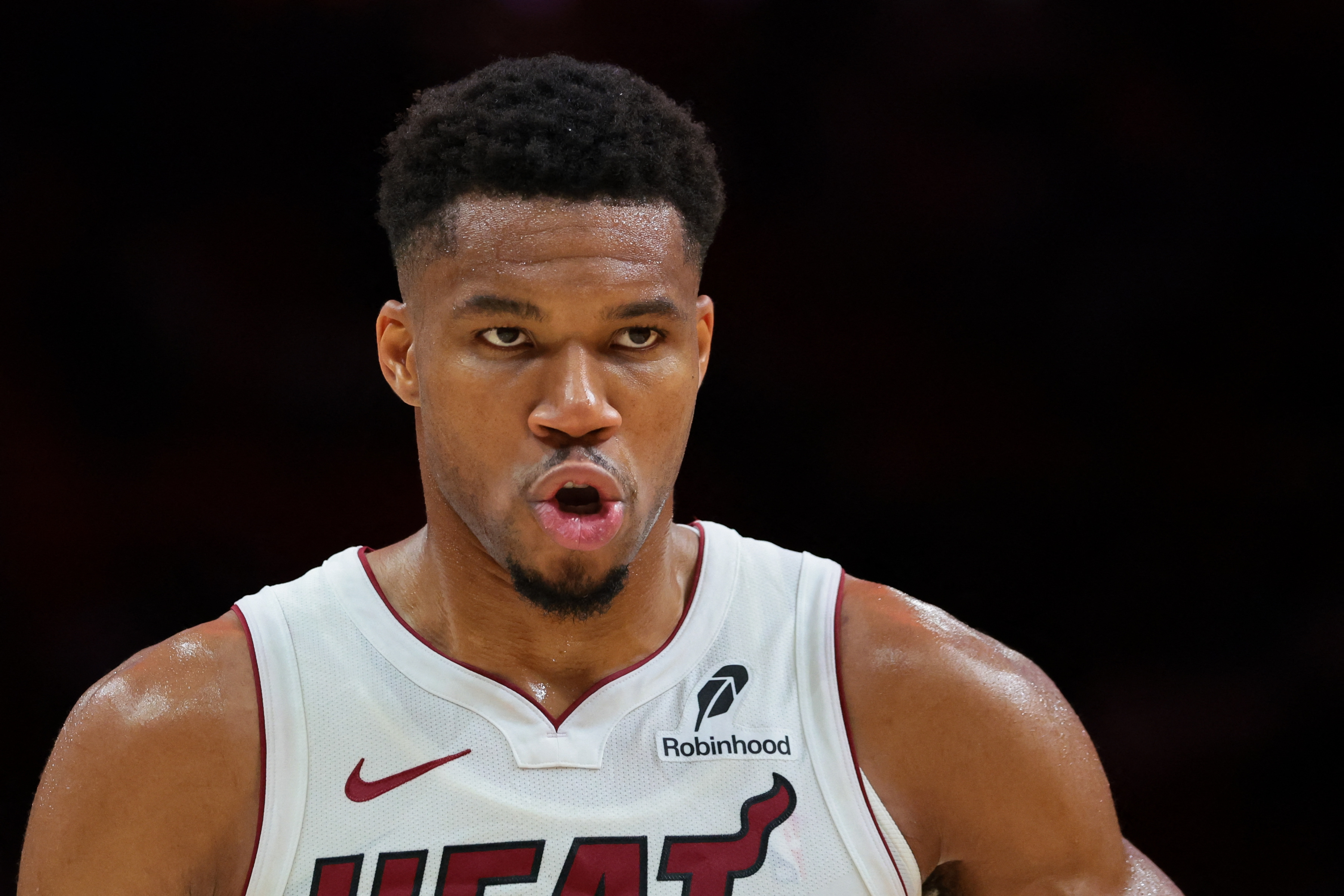 Heat forward Giannis Antetokounmpo reacts as we analyze the 2026-27 NBA championship odds.