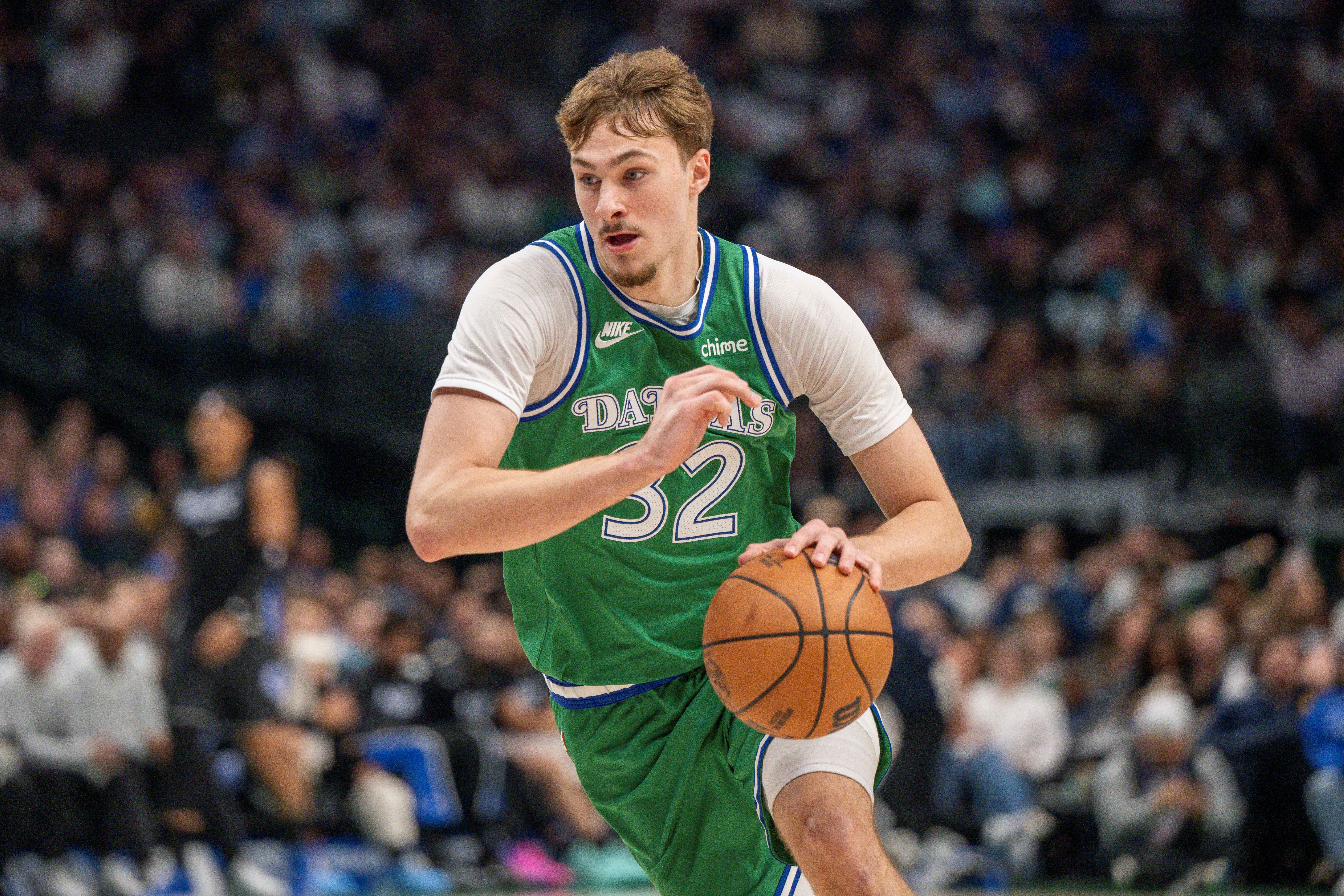 Dallas Mavericks forward Cooper Flagg (32), seen here bringing the ball up the court, is featured in our NBA player props tonight.