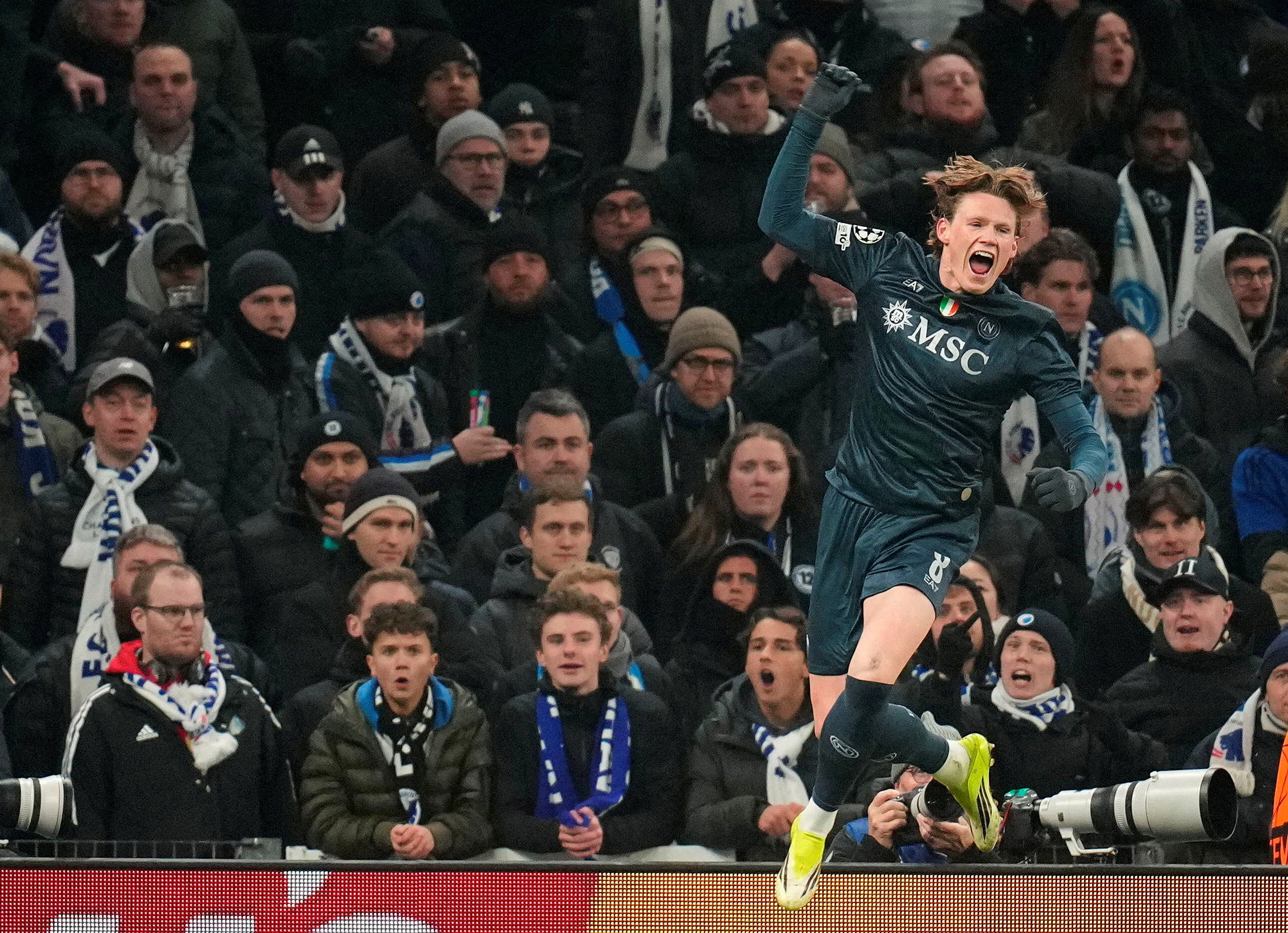 Napoli's Scott McTominay celebrates scoring as we make our best Napoli vs. Chelsea same-game parlay predictions. 