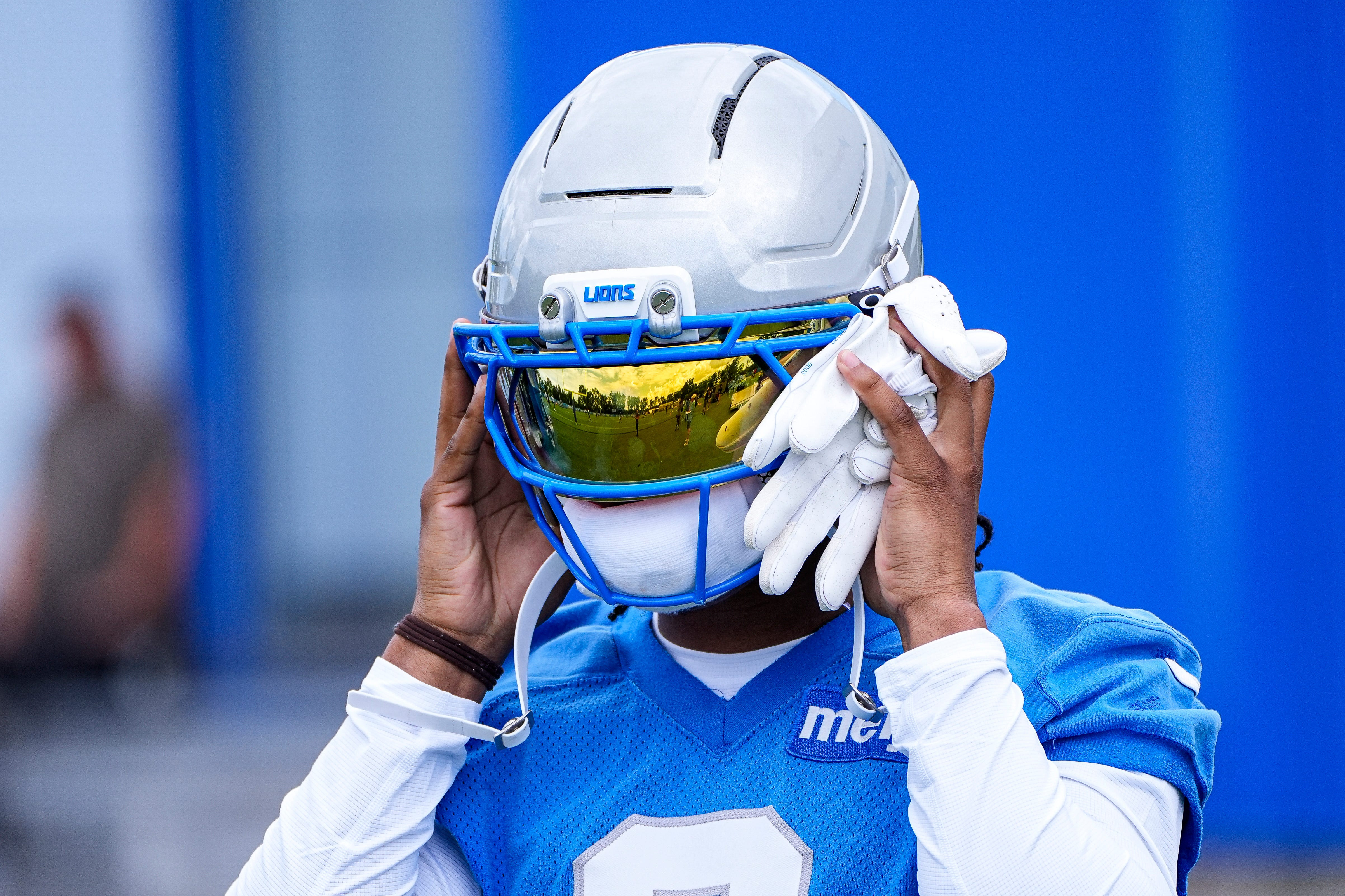 Detroit Lions running back Jahmyr Gibbs (0) during mini camp at Meijer Performance Center in Allen Park.