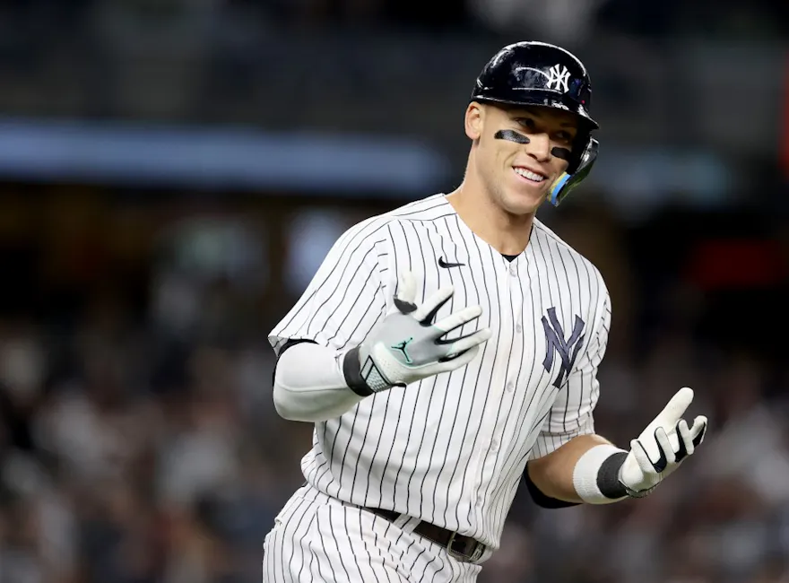 Aaron Judge of the New York Yankees celebrates his solo home run in the ninth inning against the Baltimore Orioles at Yankee Stadium, and we offer new U.S. bettors our exclusive Caesars promo code.