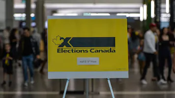 Elections Canada related sign seen inside Edmonton Expo Center hall as we look at the odds for the next Canadian federal election.