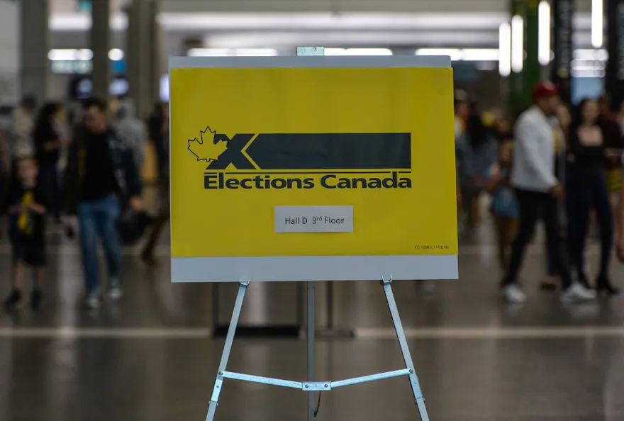 Elections Canada related sign seen inside Edmonton Expo Center hall as we look at the odds for the next Canadian federal election.