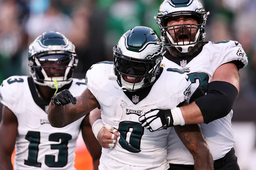 D'Andre Swift of the Philadelphia Eagles celebrates with Jason Kelce during the first half of the game against the New York Jets as we look at our Eagles-Seahawks SGP.
