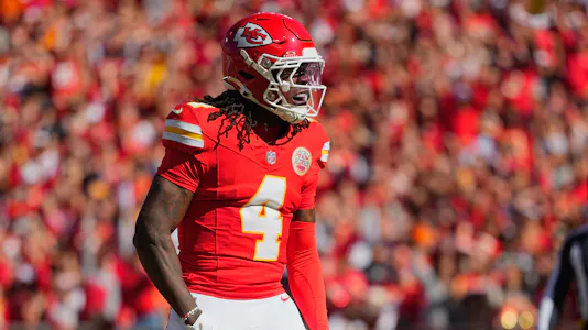 Kansas City Chiefs wide receiver Rashee Rice (4) celebrates after scoring a touchdown as we offer our NFL 2x2 touchdown scorer picks and TD parlay for Week 9.