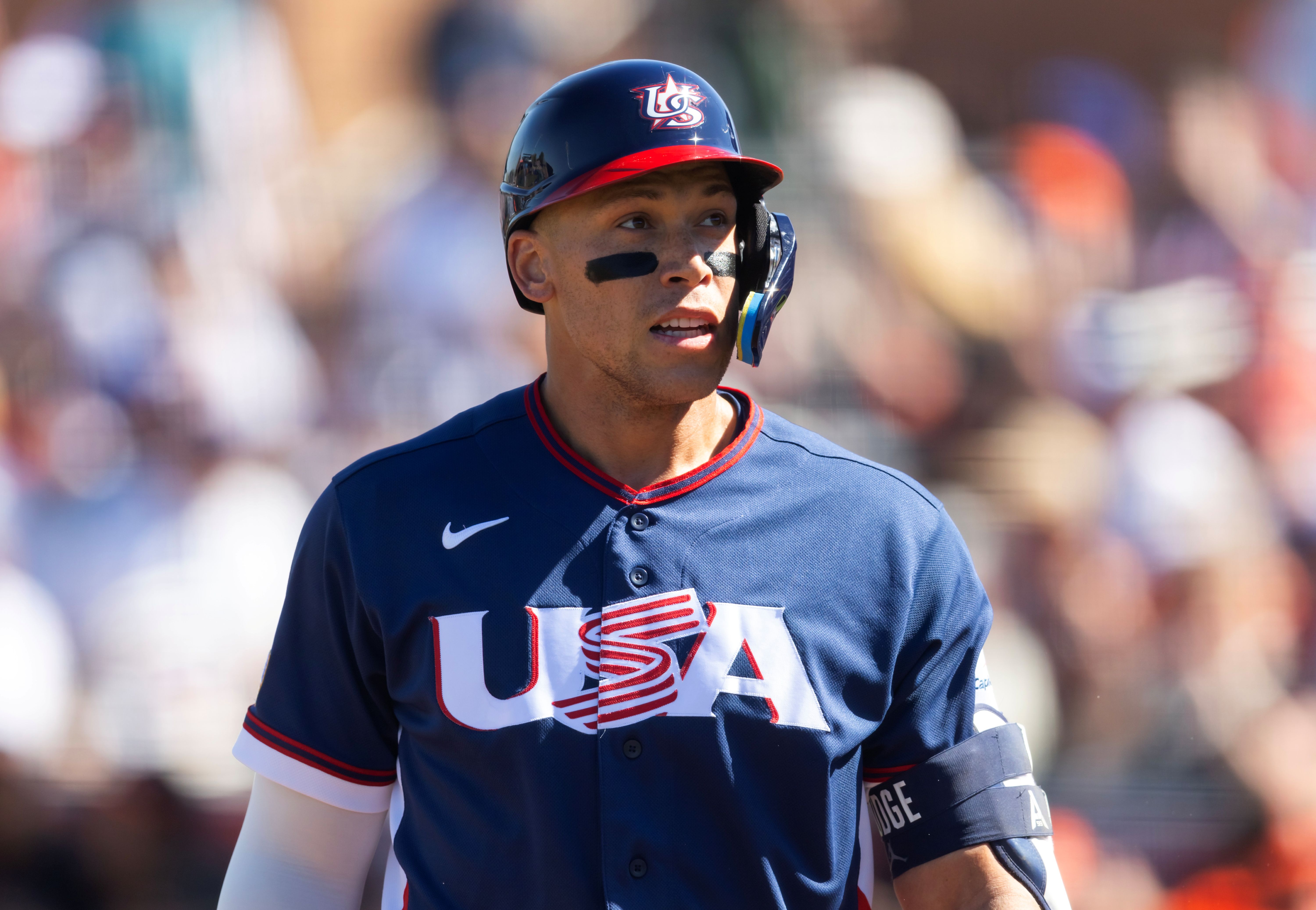 Team USA outfielder Aaron Judge during a spring training game, and he's the front-runner in the WBC MVP odds.