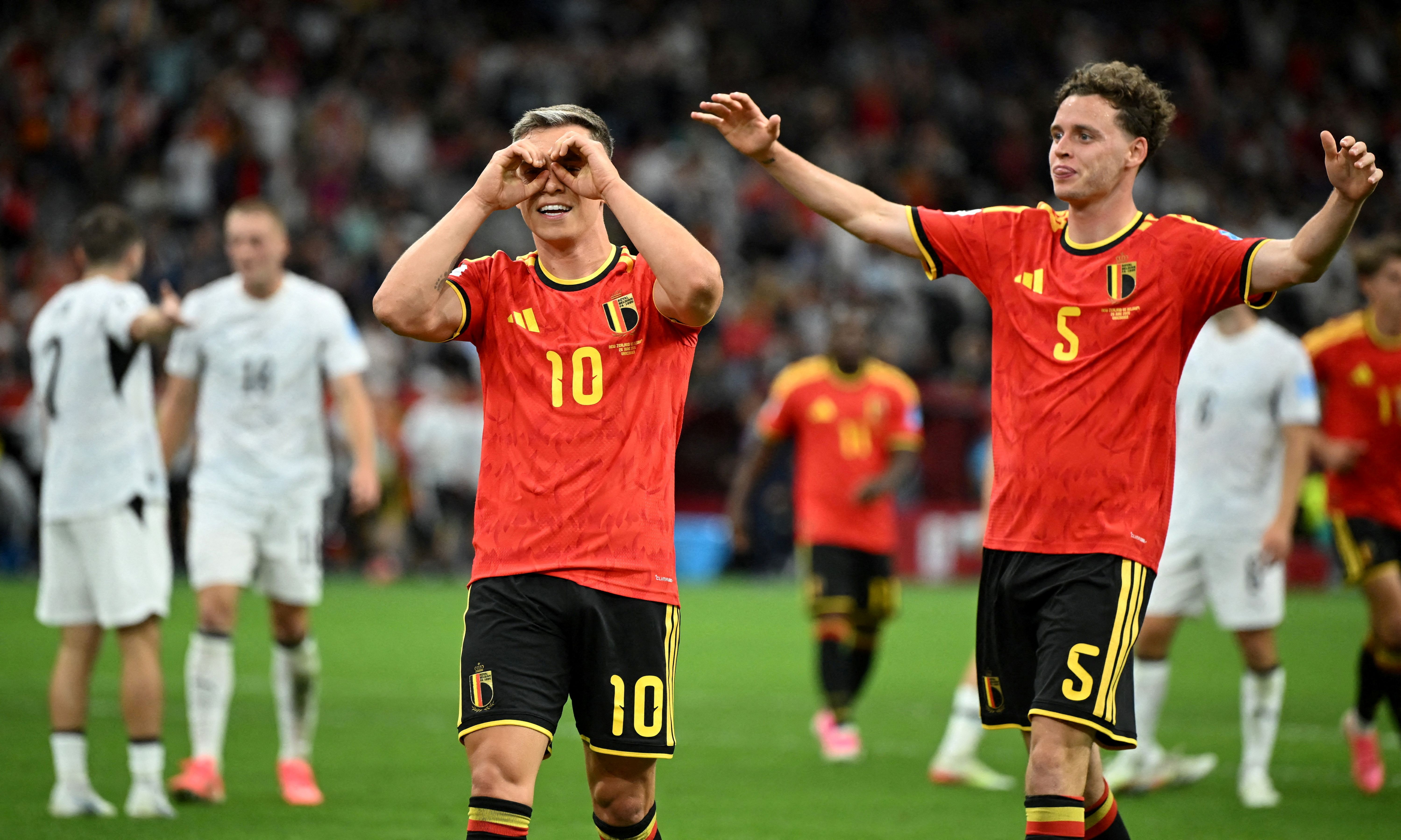 Belgium's Leandro Trossard celebrates scoring as we make our best Belgium vs. Senegal prediction.