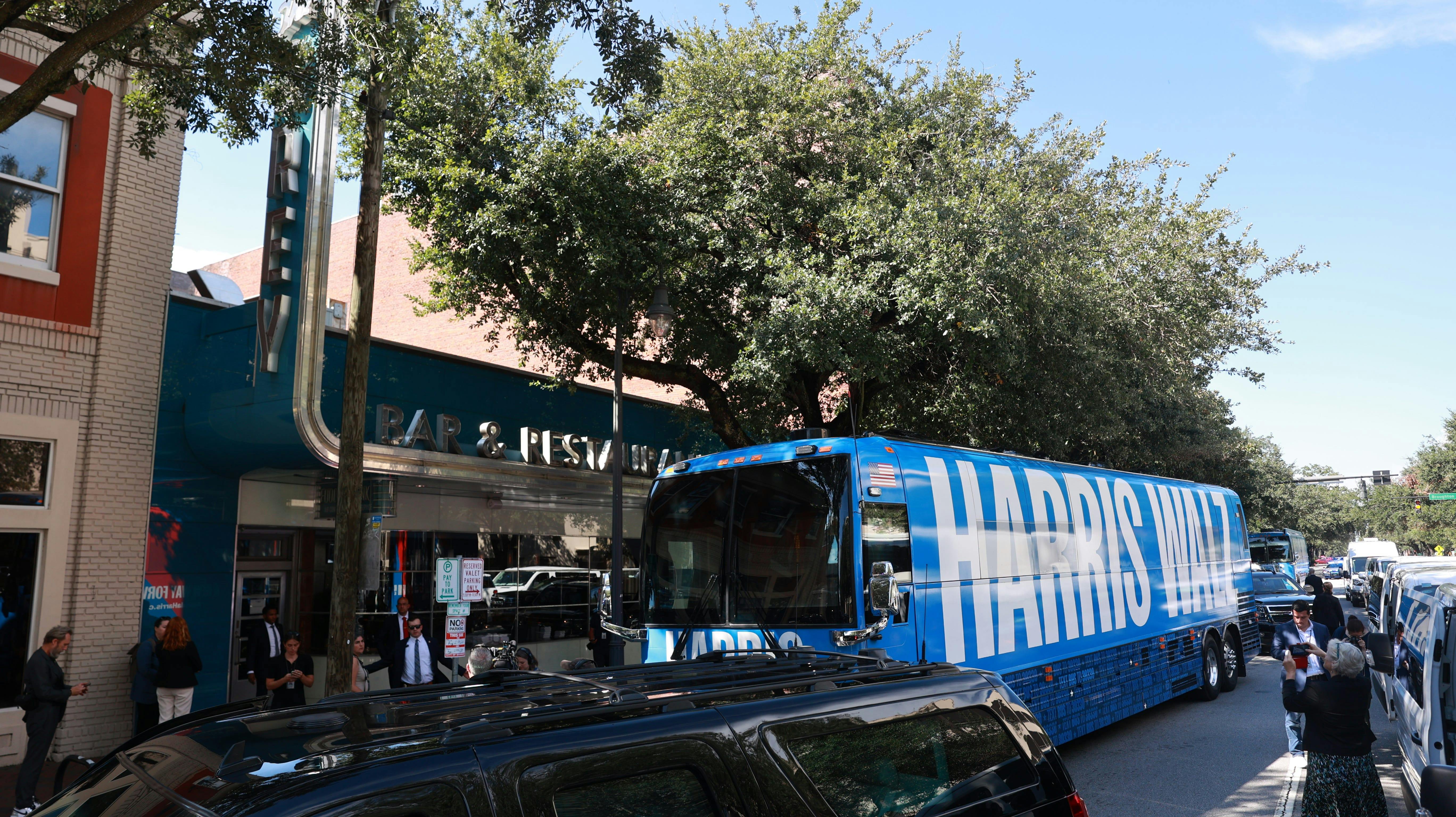 The campaign bus for Democratic Presidential nominee Vice President Kamala Harris and running-mate Tim Walz sits during a campaign bus tour stop in Savannah, Georgia.