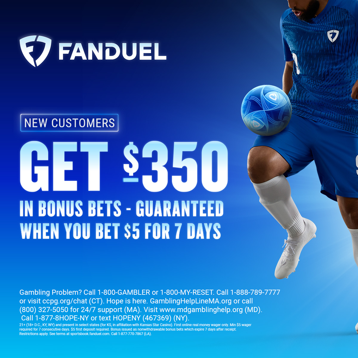 FanDuel 'Get $350 in Bonus Bets - Guaranteed When You Bet $5 for 7 Days' promotion