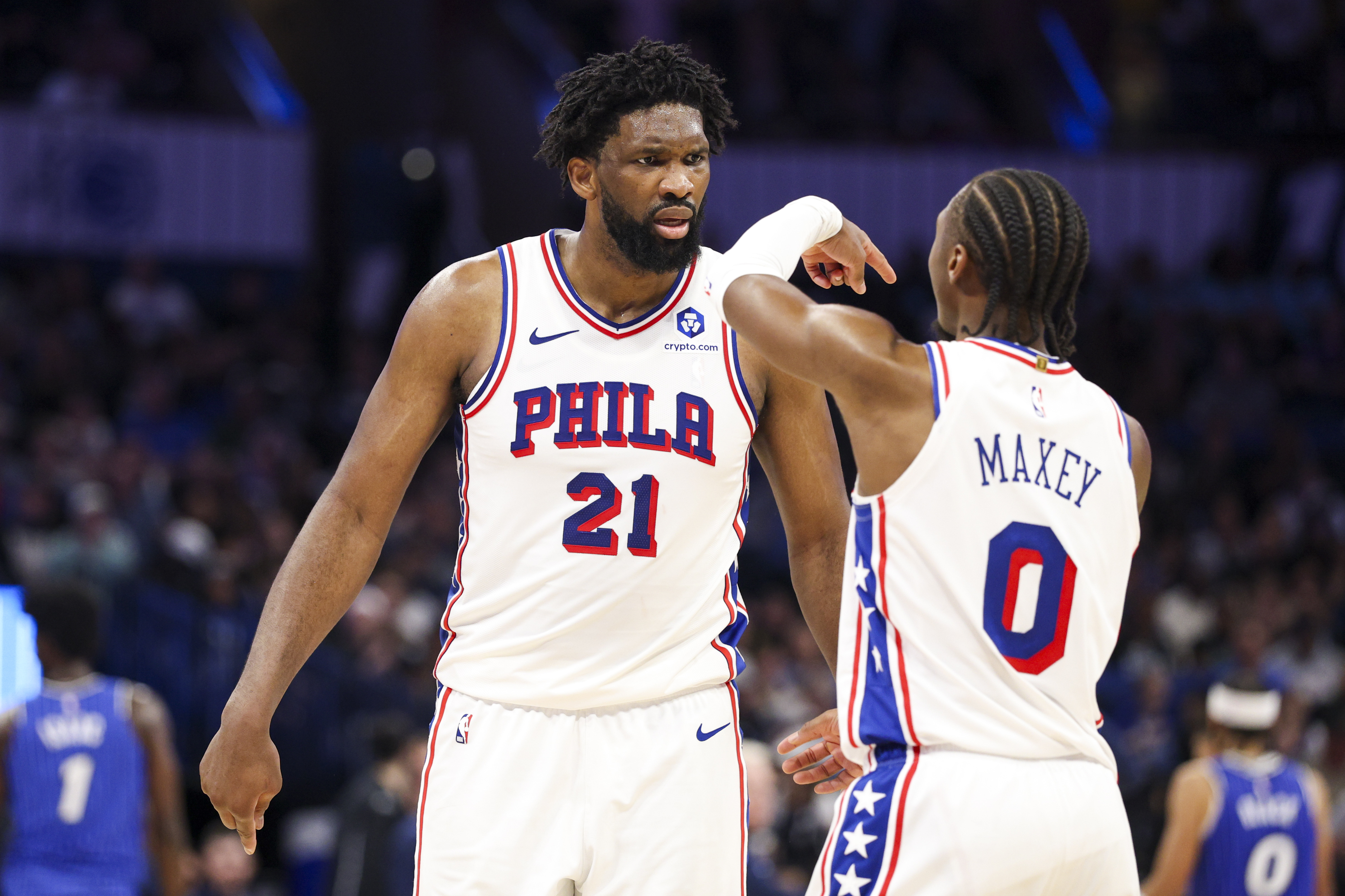 Philadelphia 76ers center Joel Embiid (21) reacts to guard Tyrese Maxey (0), and both are featured in our Cavaliers vs. 76ers player props and best bets today.