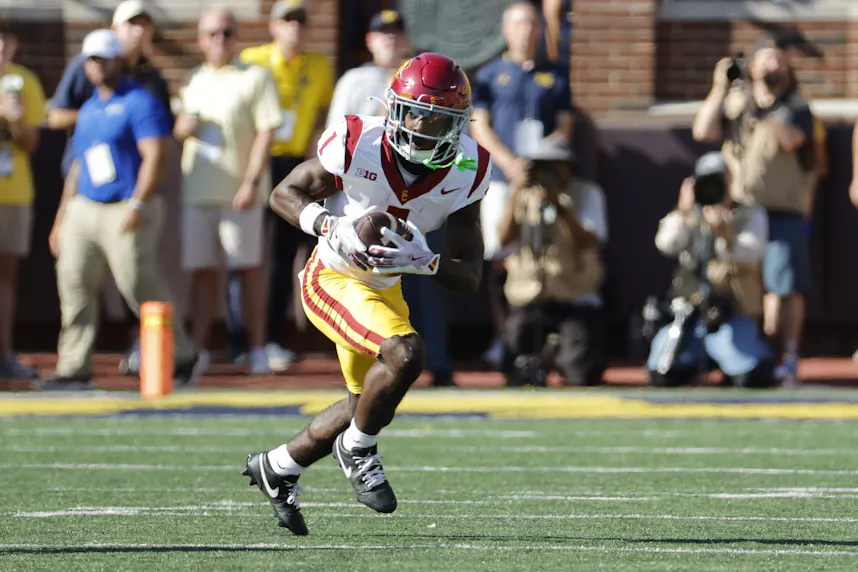 USC Trojans wide receiver Zachariah Branch runs the ball as we offer our college football Week 7 player prop picks.