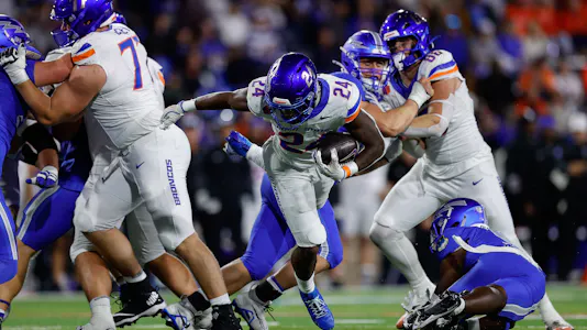 Boise State Broncos running back Dylan Riley (24) carries the ball and is projected to go Over his rushing prop in our Boise State vs. Nevada player prop bets tonight.
