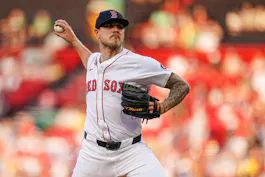 Boston Red Sox starting pitcher Tanner Houck throws a pitch against the Philadelphia Phillies in the first inning at Fenway Park as we look at our Blue Jays vs. Red Sox player props.