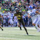 Tight end Isaac Rex of the Brigham Young Cougars catches a touchdown pass against the Oregon Ducks during the first half at Autzen Stadium on September 17, 2022 in Eugene, Oregon.