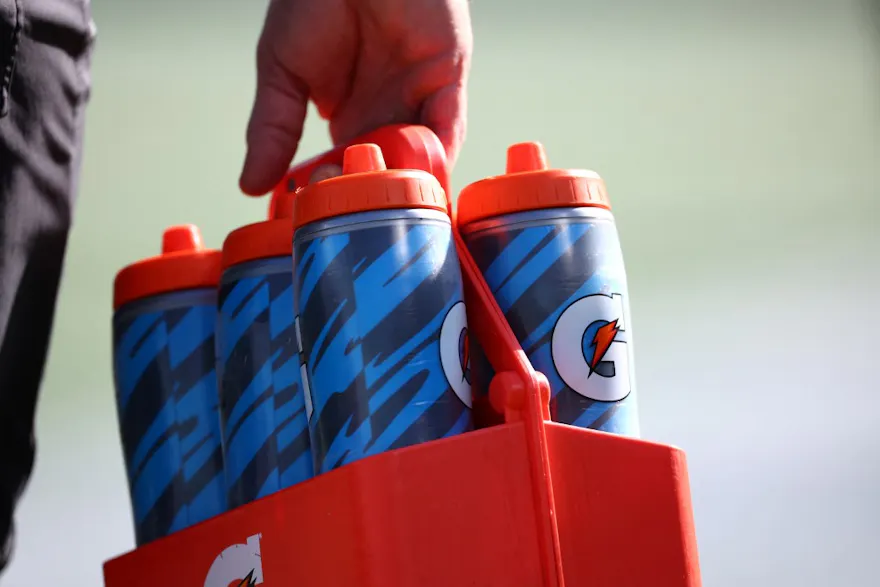 Refillable Gatorade bottles are seen being carried as we look at the 2025 Super Bowl Gatorade Color props.