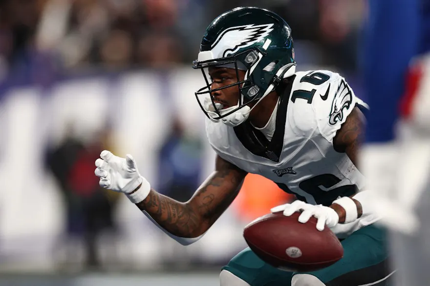 Quez Watkins #16 of the Philadelphia Eagles celebrates after a touchdown as we look at our NFL player props for Wild Card Weekend