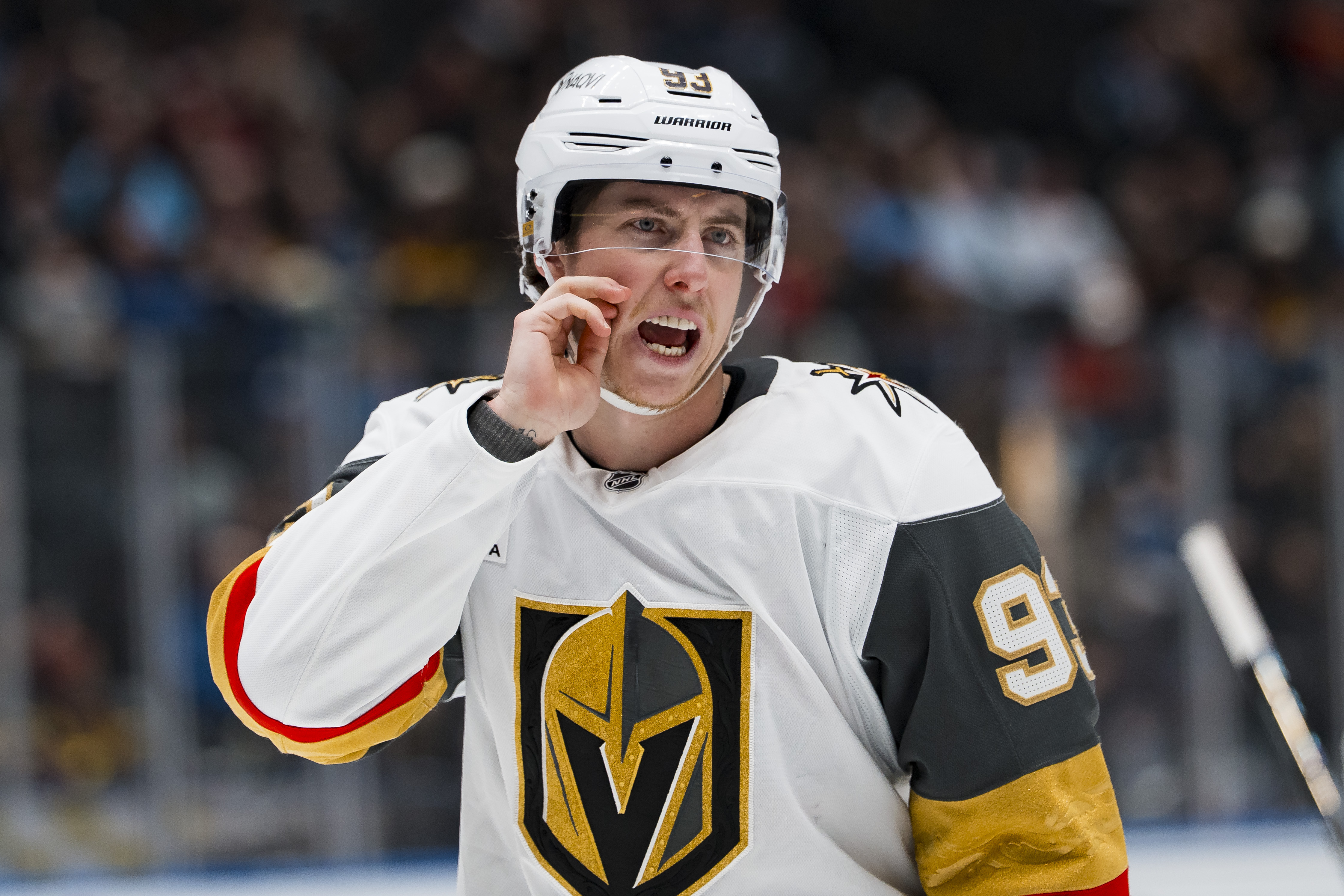 Vegas Golden Knights forward Mitch Marner is seen during a stop in play as we make our best Golden Knights vs. Avalanche prediction.