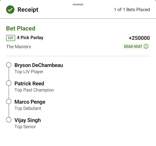 A DraftKings bet slip of a Masters top player parlay.