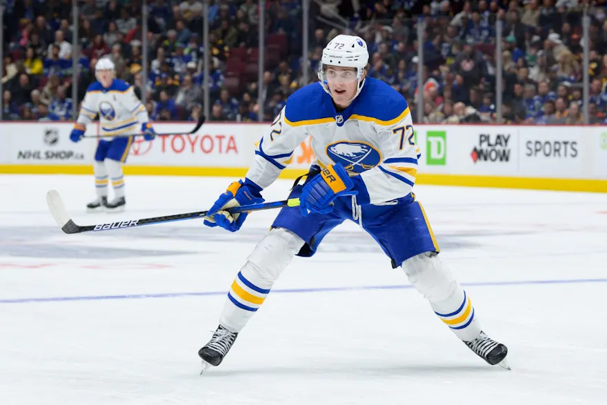 Tage Thompson of the Buffalo Sabres skates up ice in the third period during their NHL game against the Vancouver Canucks.