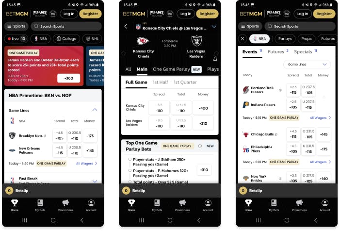 Screenshots of BetMGM Sportsbook app for iOS.