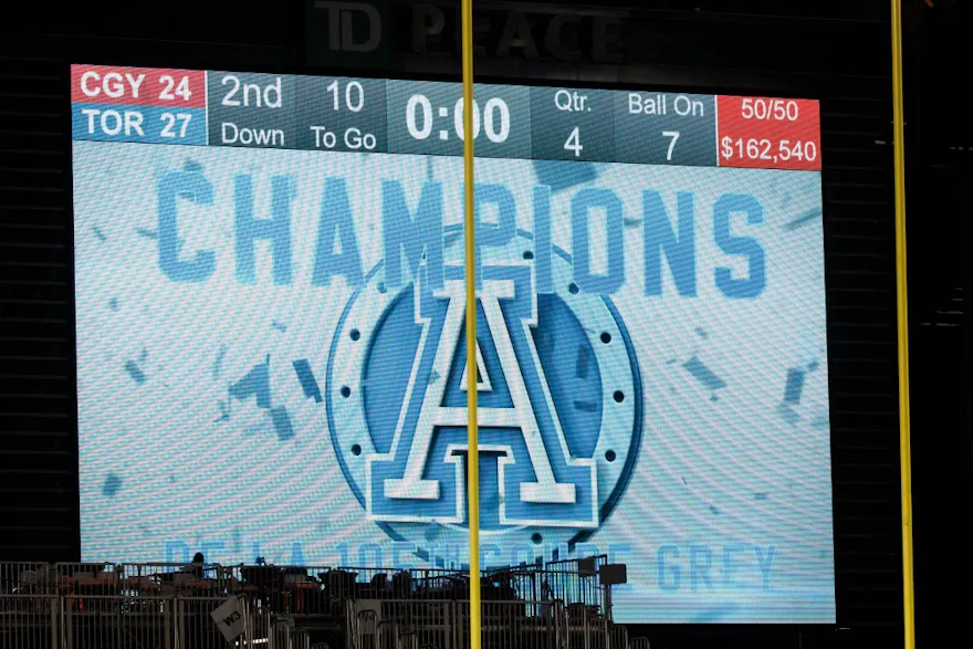 The scoreboard after the Toronto Argonauts win the 105th Grey Cup Championship Game against the Calgary Stampeders at TD Place Stadium on Nov. 26, 2017 in Ottawa, ON
