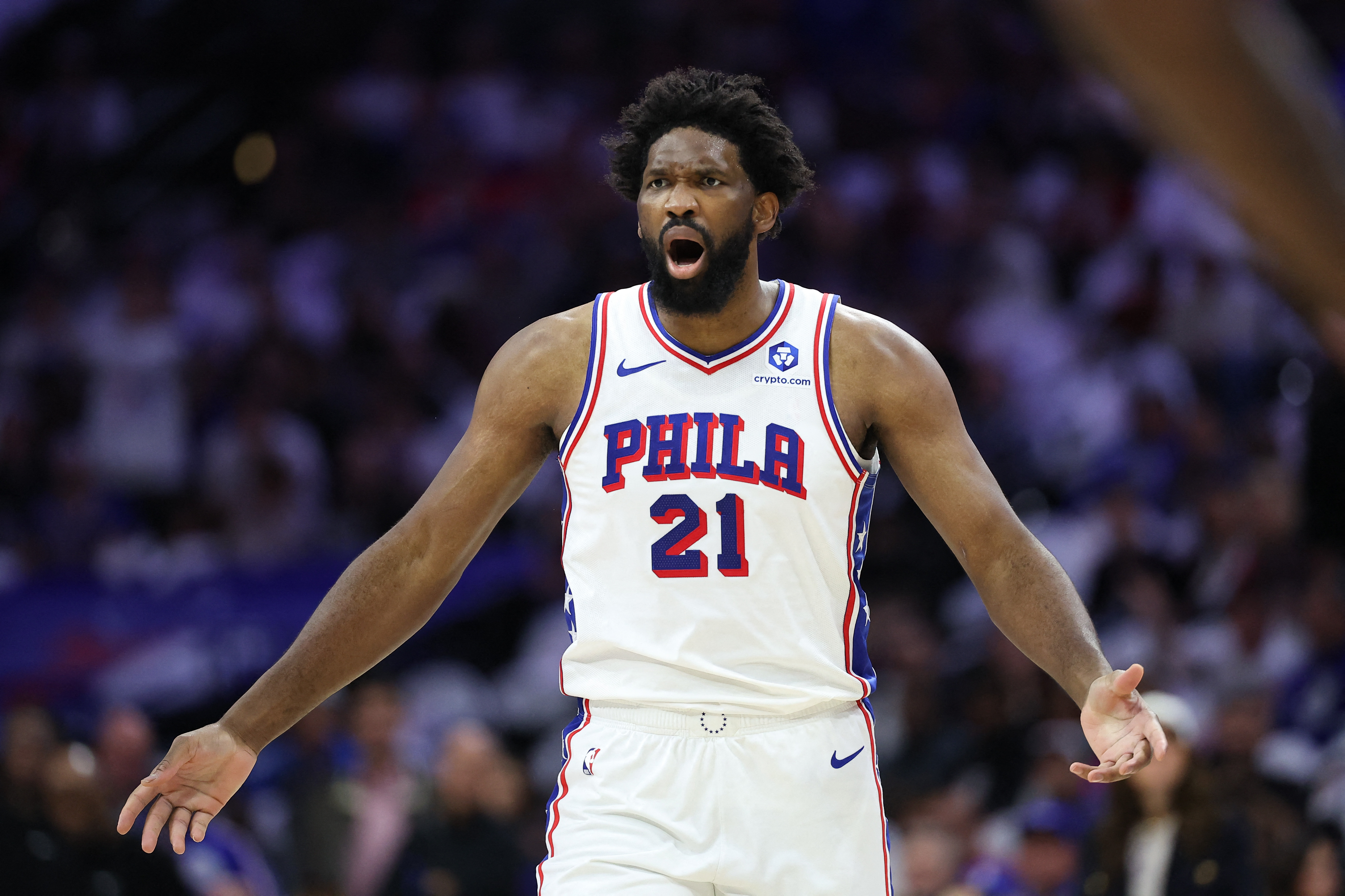  Philadelphia 76ers center Joel Embiid (21) - who's featured in my NBA player props - reacts to a play. 