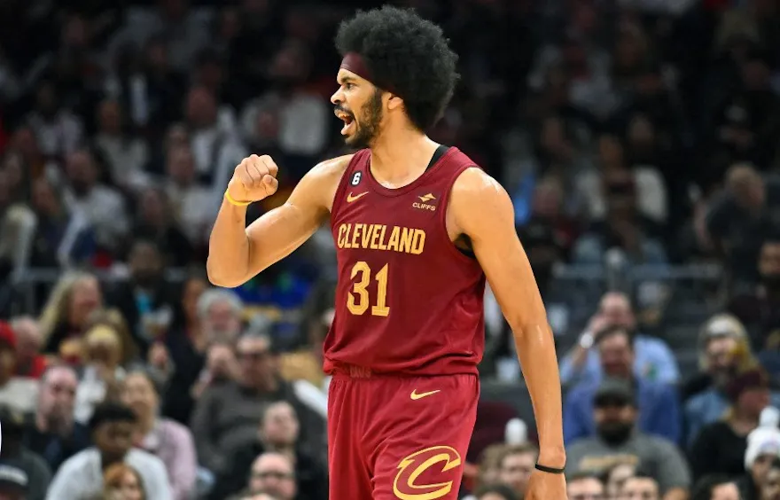 Jarrett Allen of the Cleveland Cavaliers celebrates during a game against the San Antonio Spurs at Rocket Mortgage Fieldhouse. Allen features prominently in our Nuggets vs. Cavaliers picks. 