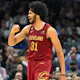Jarrett Allen of the Cleveland Cavaliers celebrates during a game against the San Antonio Spurs at Rocket Mortgage Fieldhouse. Allen features prominently in our Nuggets vs. Cavaliers picks. 