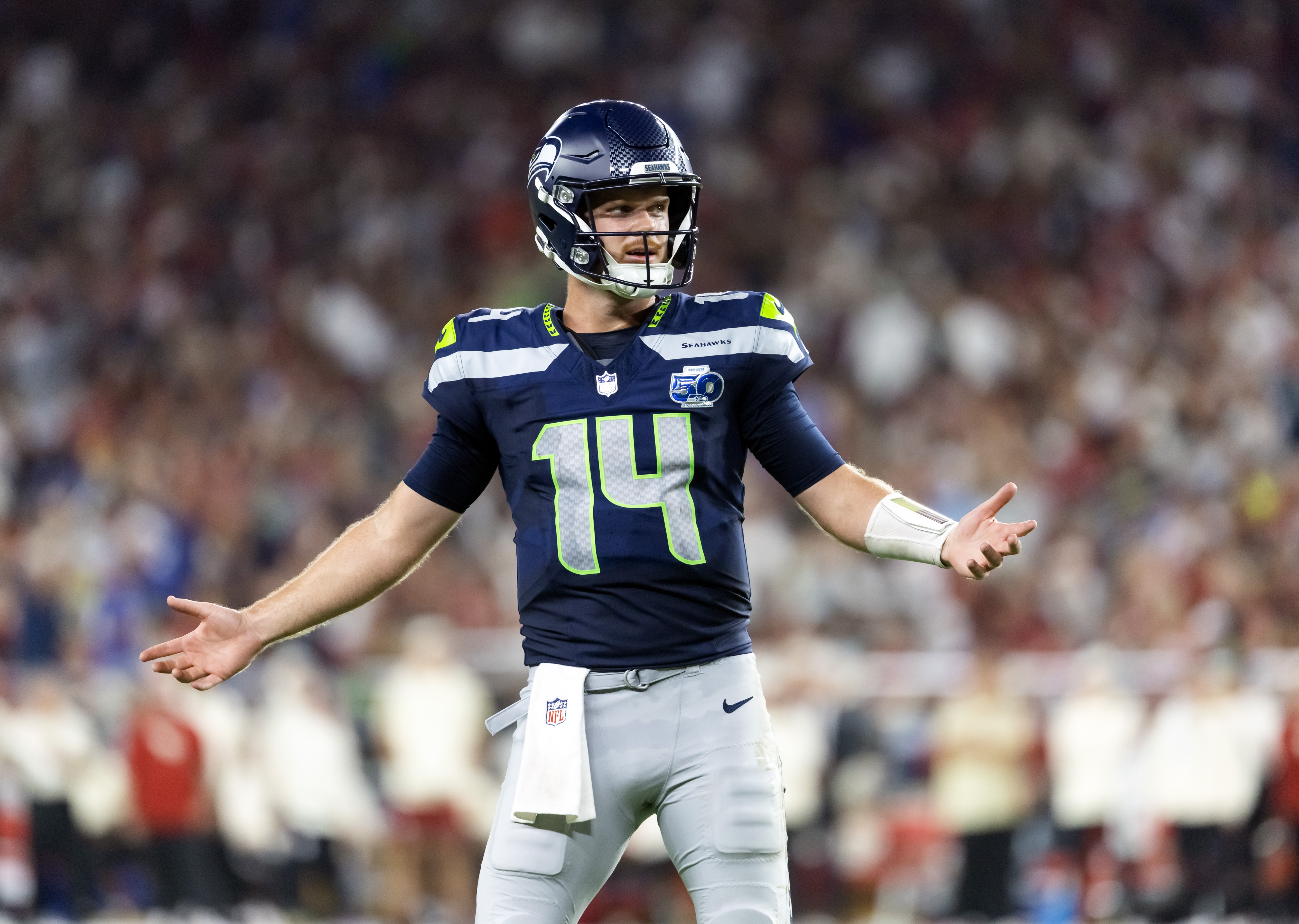 Seattle Seahawks quarterback Sam Darnold reacts as we make our best Sam Darnold player props for the NFC Championship Game.