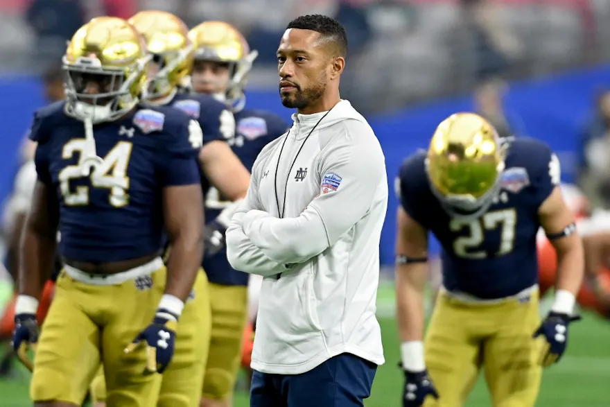 Head coach Marcus Freeman of the Notre Dame Fighting Irish looks on before the PlayStation Fiesta Bowl against the Oklahoma State Cowboys at State Farm Stadium on Jan. 1.