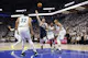 Luka Doncic (77) of the Dallas Mavericks drives to the basket as we offer our best Luka Doncic player props and predictions for Mavericks vs. Timberwolves in Game 2 of the Western Conference Finals at Target Center on Friday.