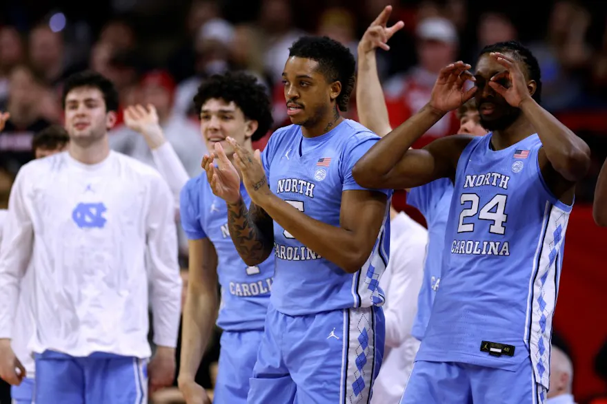Armando Bacot #5 and Jae'Lyn Withers #24 of the North Carolina Tar Heels react as we look at the possibility of Caesars joining the list of providers available when North Carolina launches its legal sports betting platform.